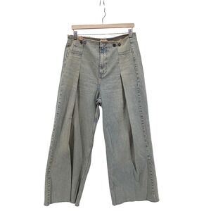 MNG Wide Leg Pleated Denim Jeans Light Wash Cropped Raw Hem Size Large